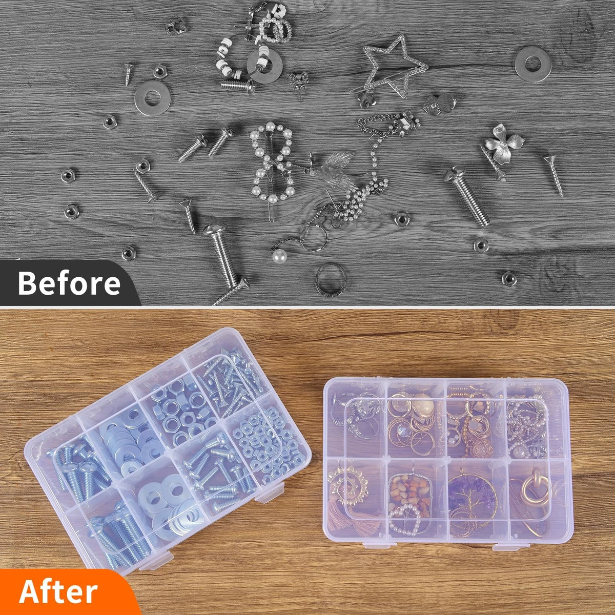 QUEFE 2 Pack 8 Grids Bead Organizers and Storage, Plastic 2pcs, clear