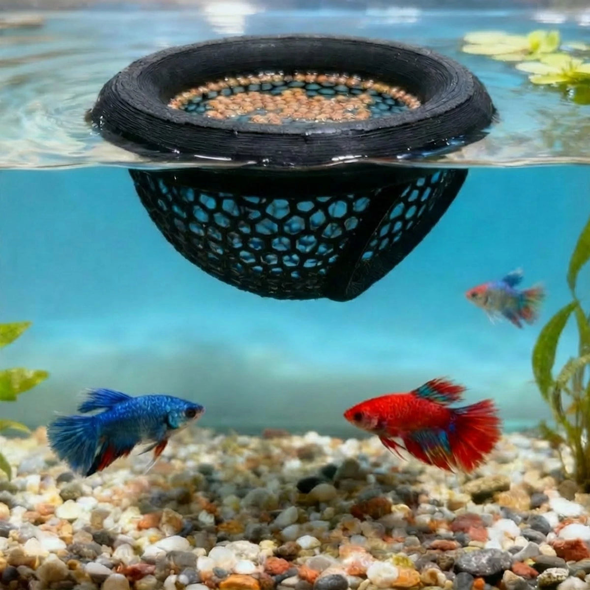 Aquarium Floating Betta Fish Skins, or Shrimp Feeder, Cave and Black