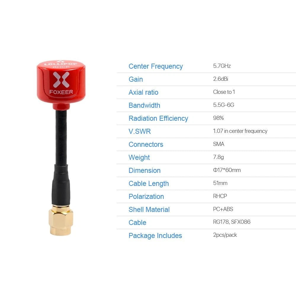 2pcs FOXEER FPV Antenna Lollipop 4 Updated Version 5.7GHz RHCP 2.5Dbi SMA Red