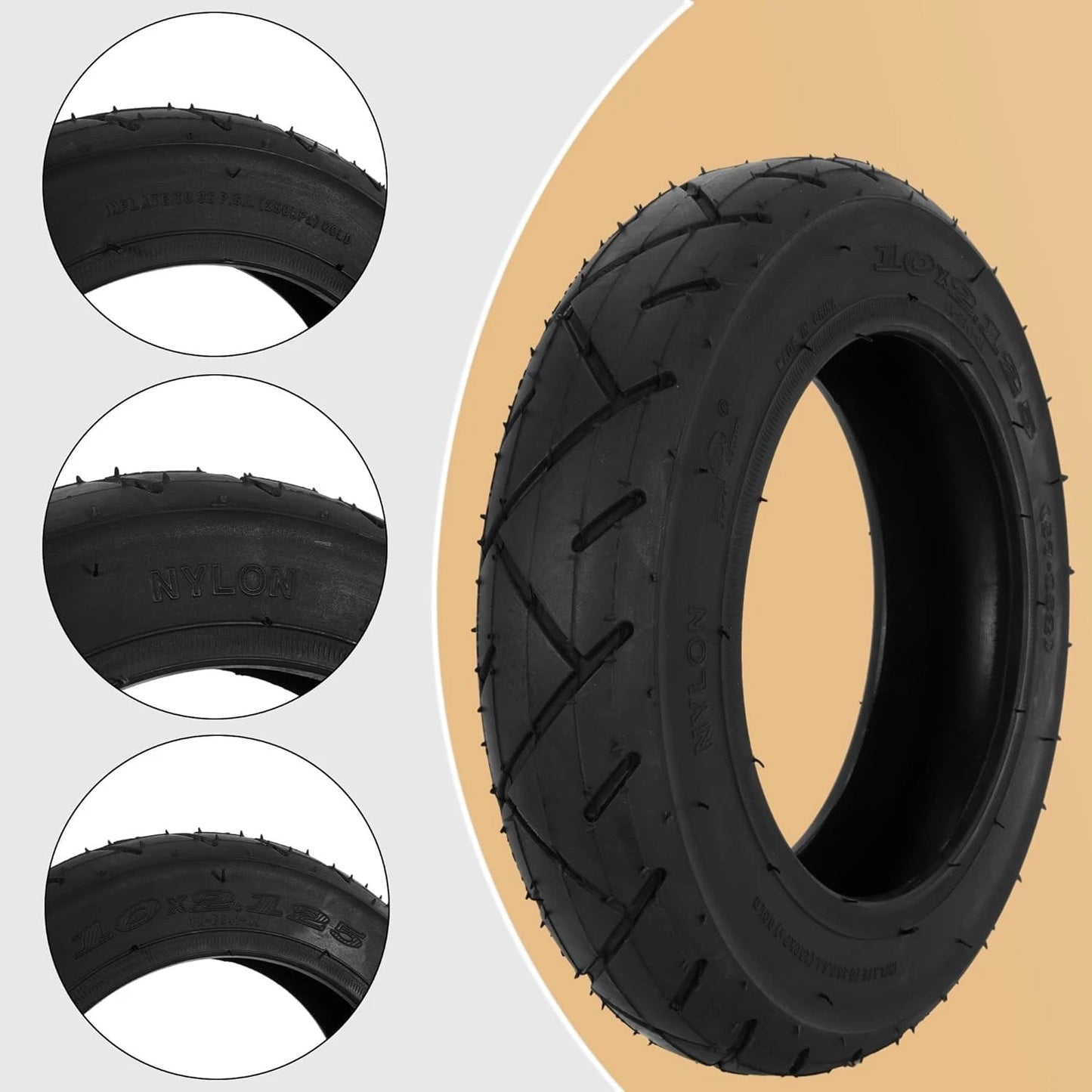 10x2.125 Tire and Inner Tube with 0° Valve Stem Compatible Valve, Black