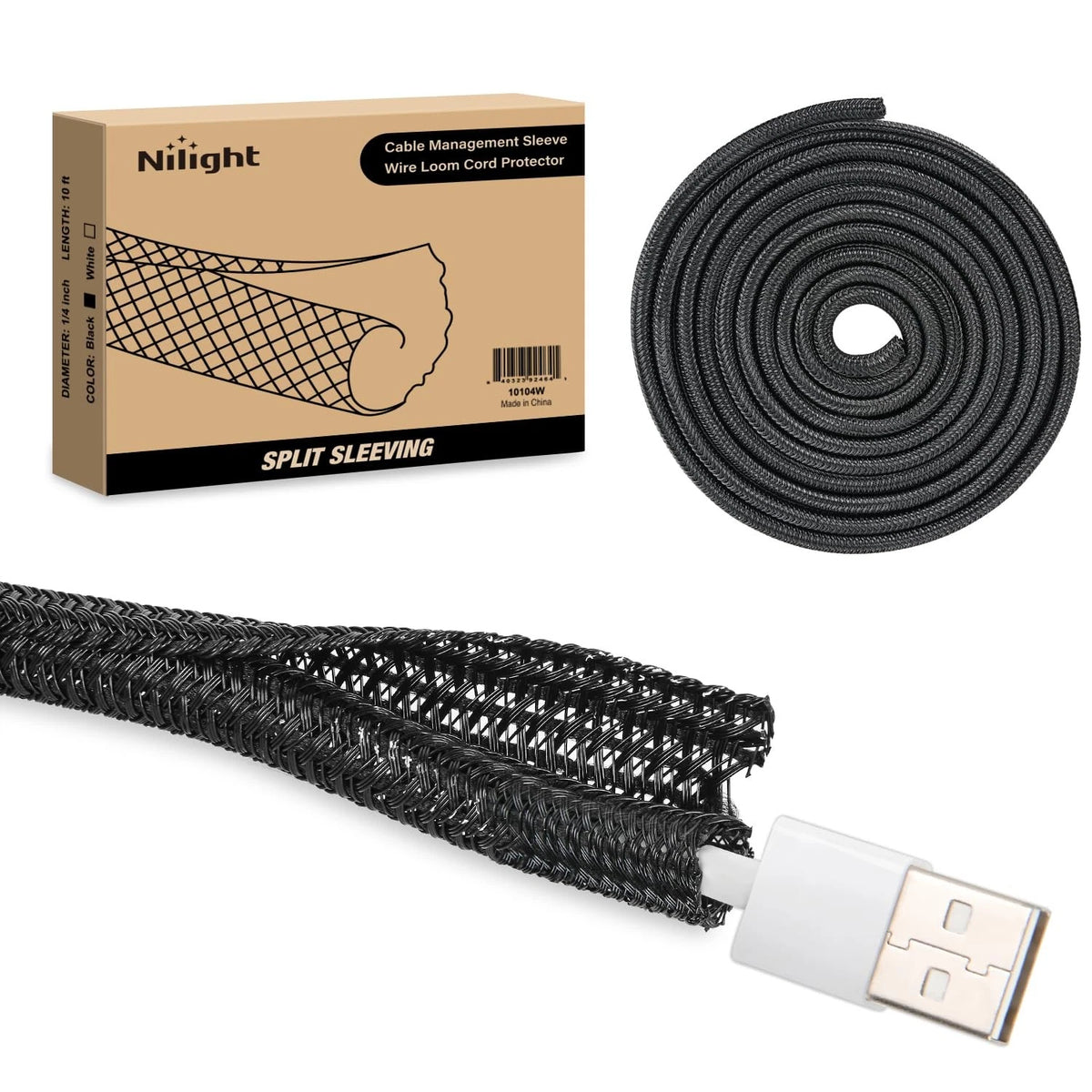 Nilight Cable Sleeve, 10ft-1/4inch Cord Management Sleeves, 1/4"-10ft, Black
