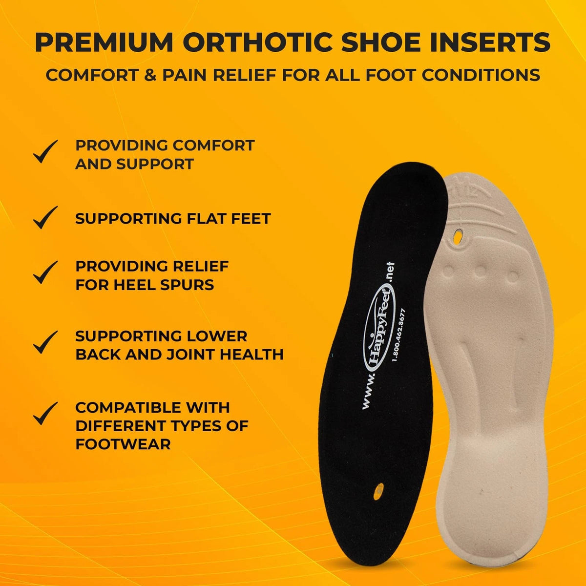 Happy Feet Insoles, Foot Pain Inserts S (Women 7.5-8 / Men 5-6.5), Black