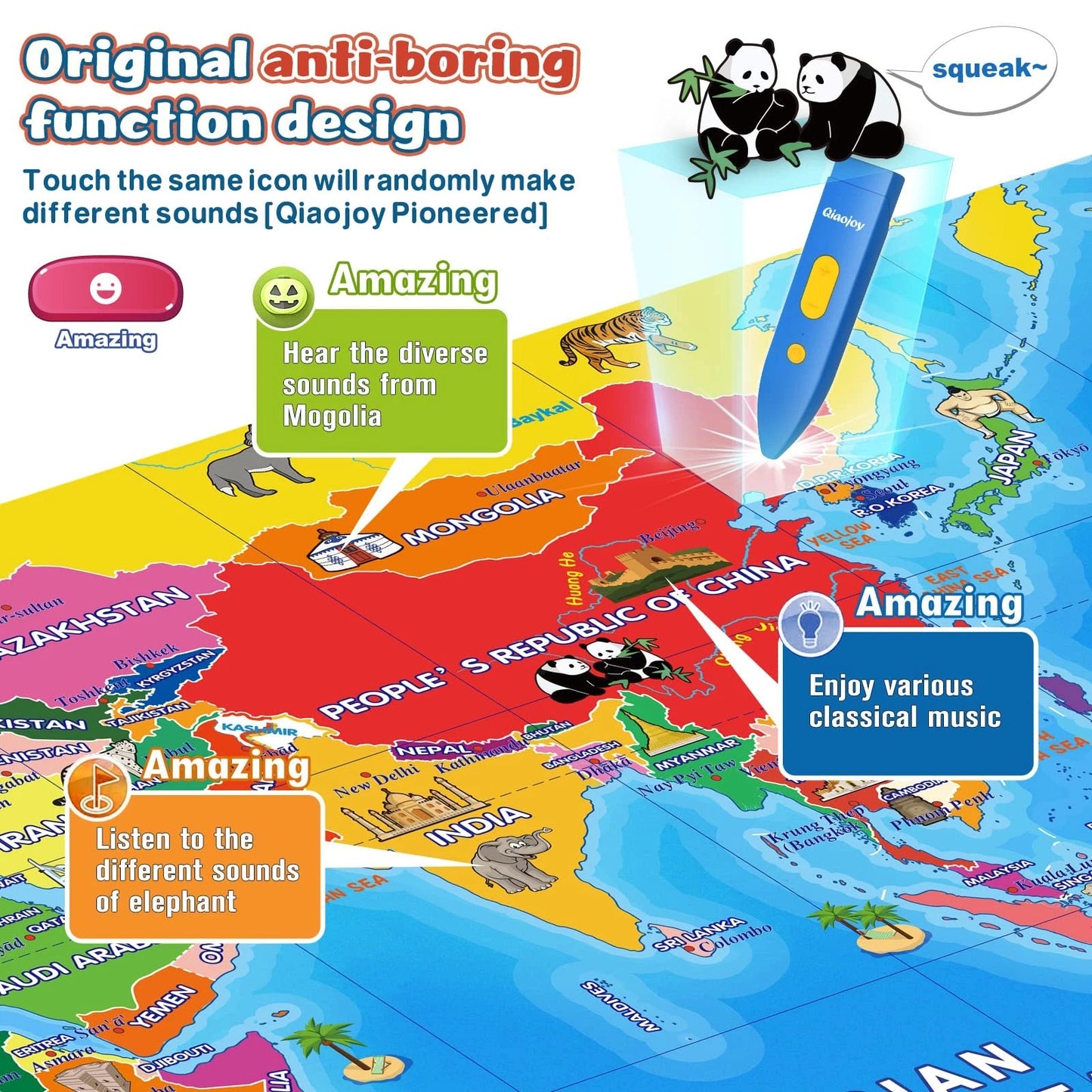 Qiaojoy Bilingual Interactive World Map for Kids Learning Large Poster, Blue