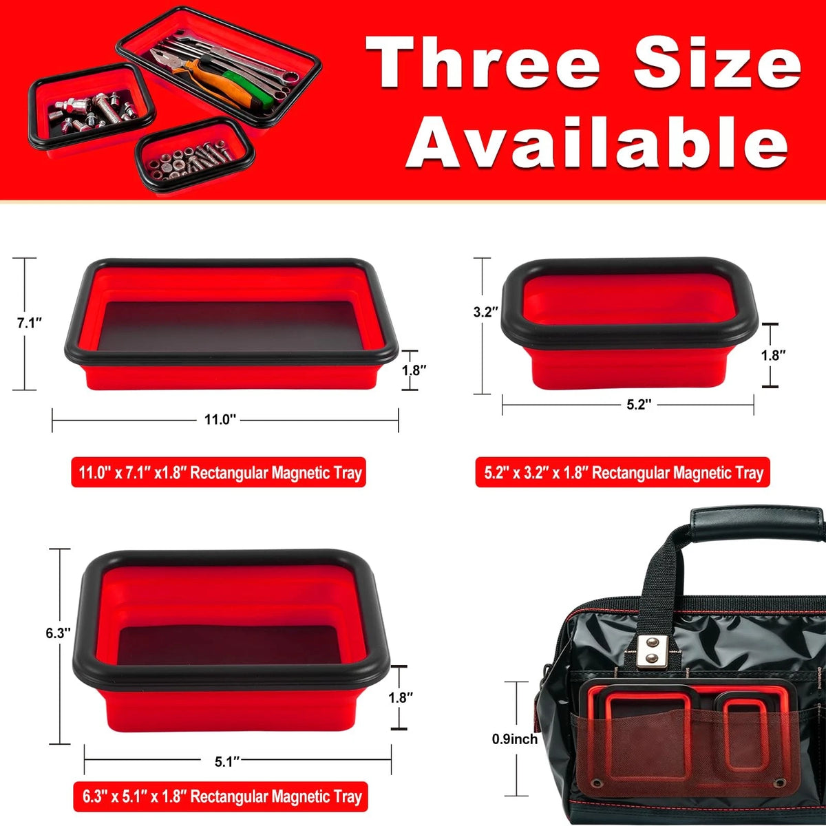 Collapsible Magnetic Parts Tray Set with Extra Strong Magnet Up to 18LB, Red
