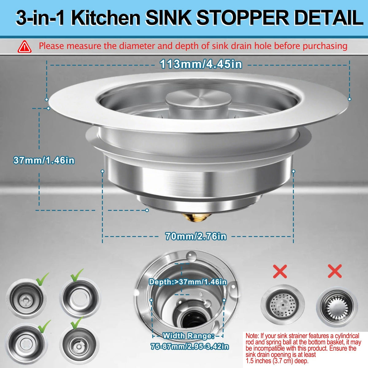 3-in-1 Kitchen Sink Drain Strainer Stopper, Upgraded Stainless Steel Silver
