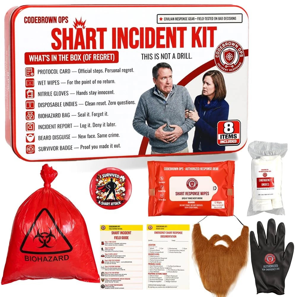 Shart Incident Kit for Men - 8 Items Gag Gifts Funny Novelty Emergency Red