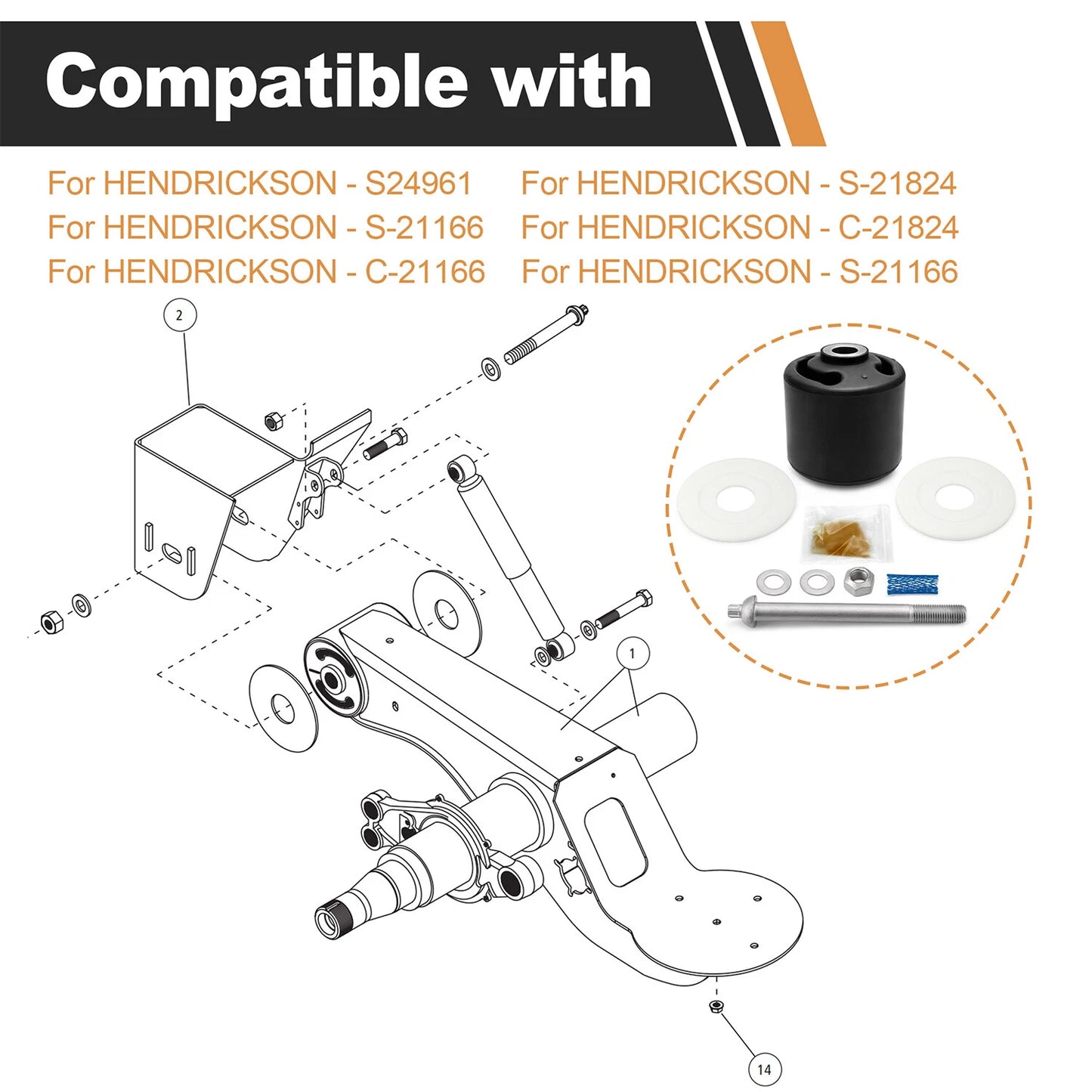 For Hendrickson Quick Align Pivot Bolt Bushing Kit Replaces S-24691 S-21166