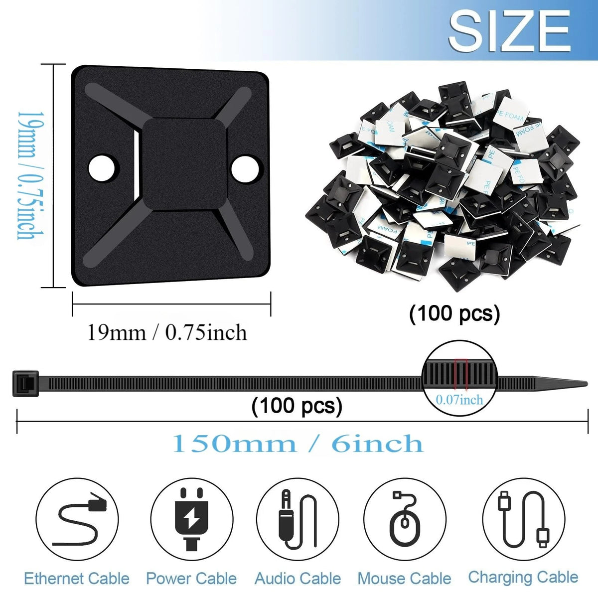 Zip Tie Mounts - SeuYeugX 100PCS Cable Self Adhesive Set for Black