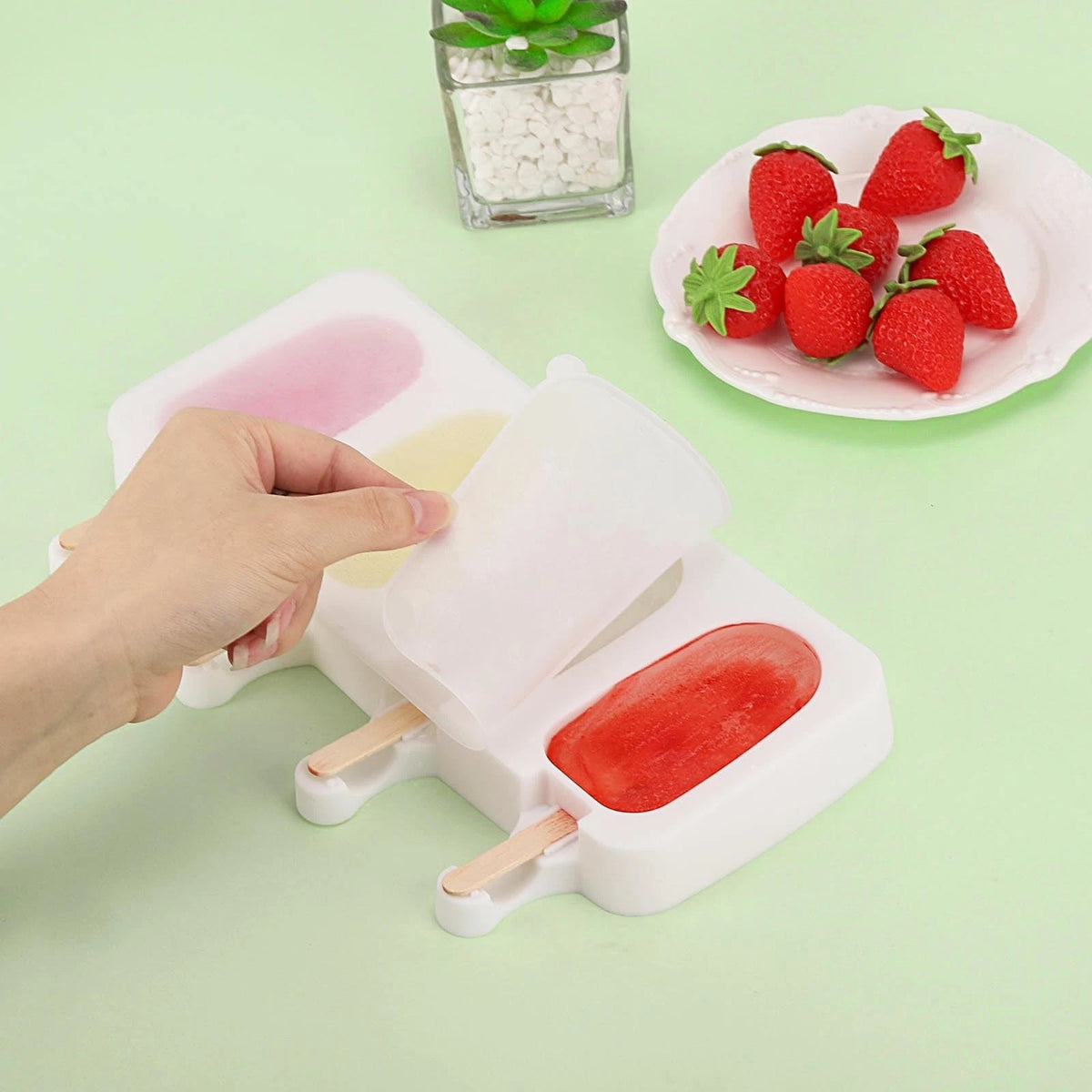 3 Set Popsicles Molds with Lids and 100 Pcs Wooden Standard Size, White