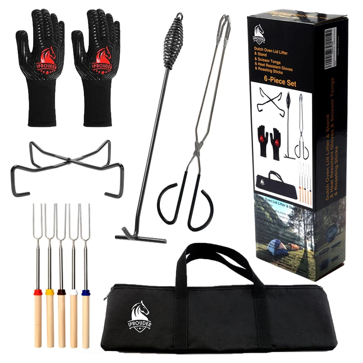 IPROUDER 6-in-1 Dutch Oven Camping Accessories Kit - 6 piece set, Black