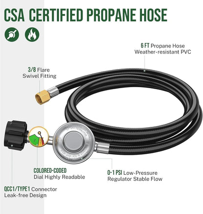 6ft Propane Regulator with Hose&Gauge, 0-1Psi Hose, Gas 6 Feet, Black