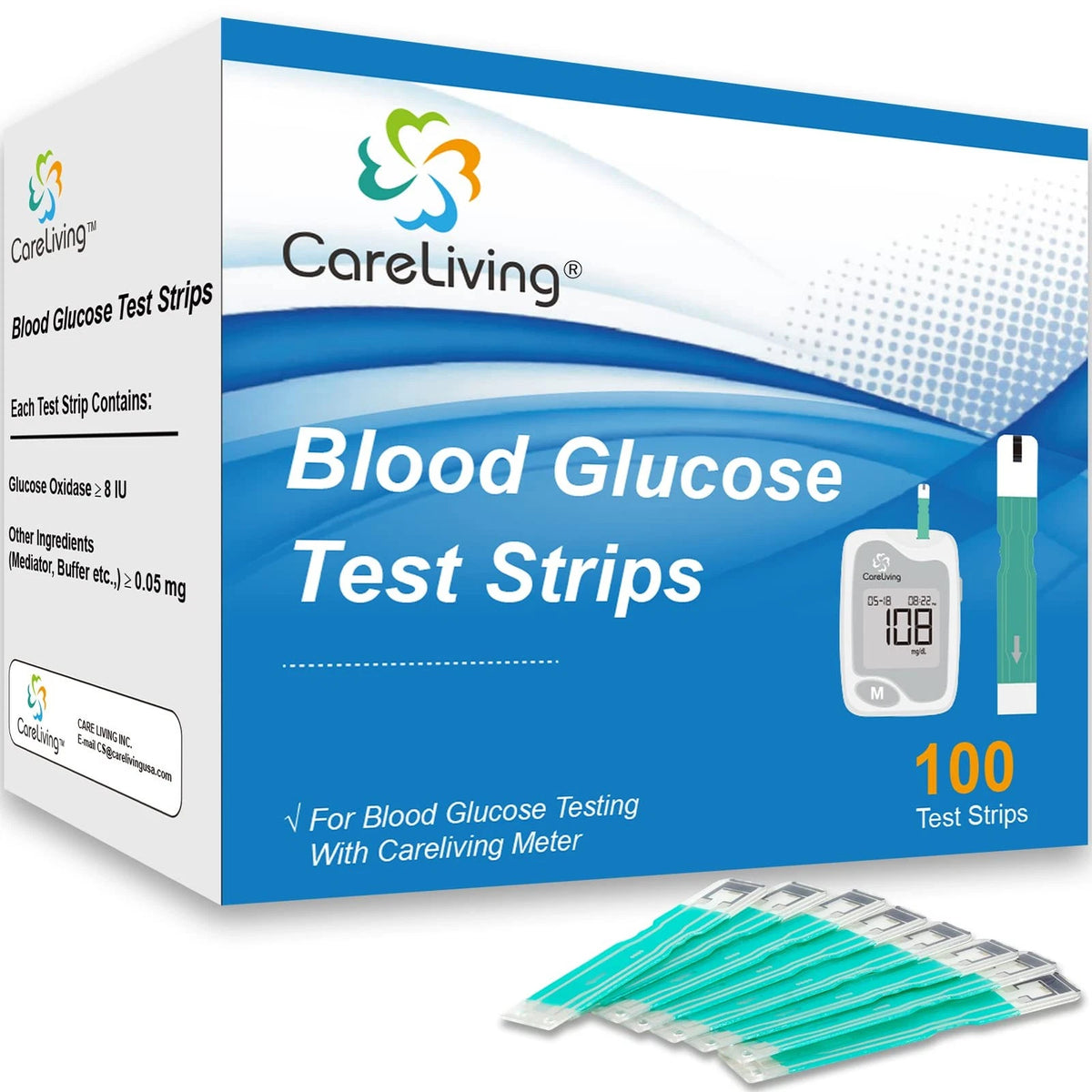 CareLiving BGM101 Blood Glucose Test Strips, for 1 Count (Pack of 100), Green