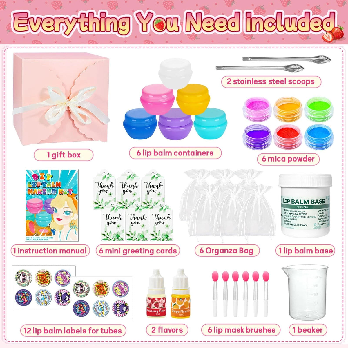WhizToys 39Pcs Lip Balm Making Kit for Girls 48 Count (Pack of 1), Pink-Small