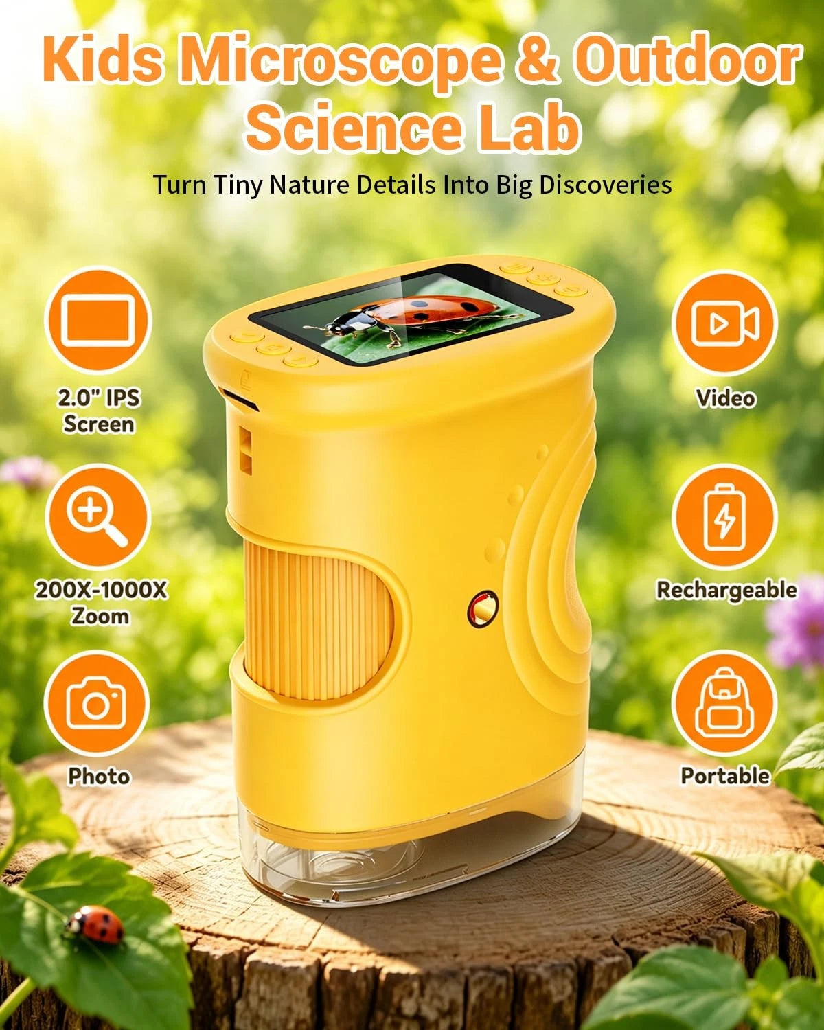 1000X Digital Handheld Microscope for Kids with 2.0" IPS Screen, Orange