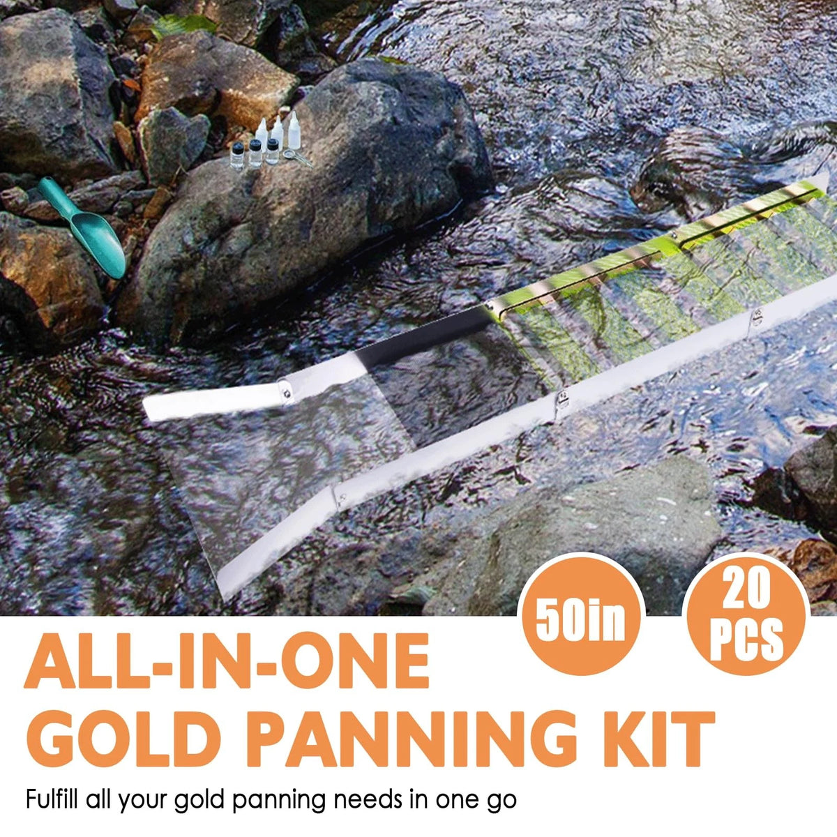 20pc Complete Gold Panning & Prospecting Kit with 50" Folding Sluice Silver