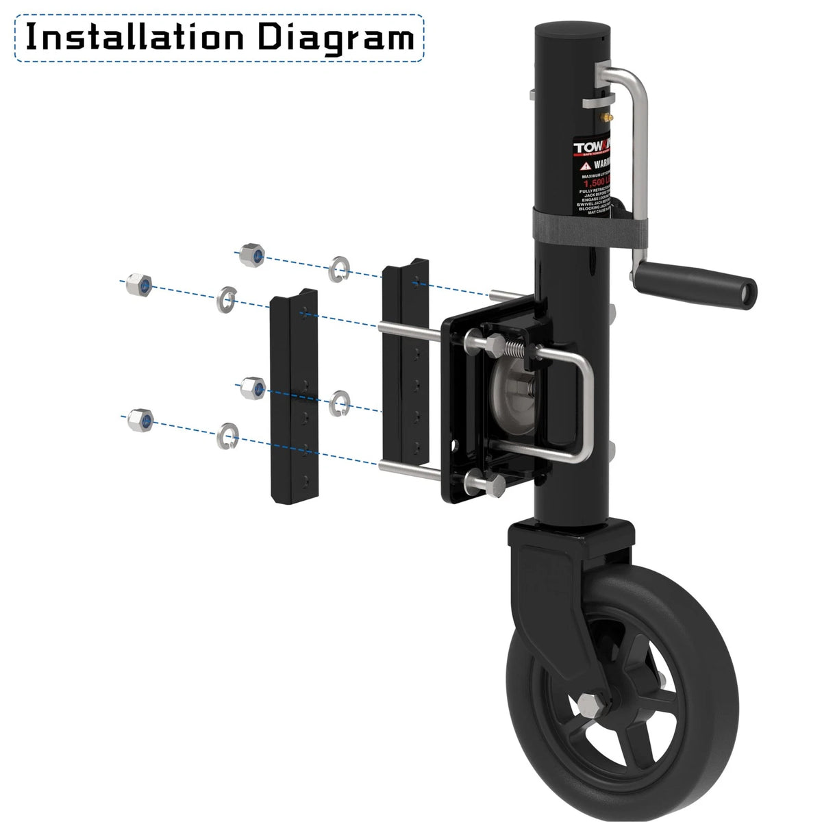 TOWKING 8" Spoke Wheel Trailer Jack, 10" Vertical Movement, 1,500 LBs, Black
