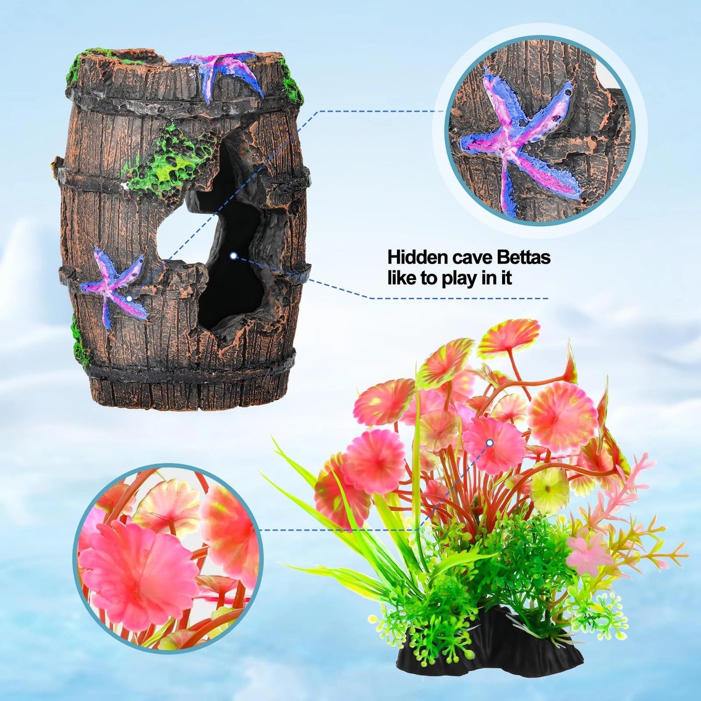 CousDUoBe Fish Broken Barrel Decor Tank Decorations Betta 9 Pcs, Brown