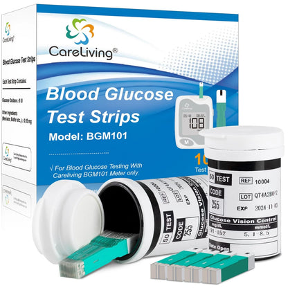 CareLiving BGM101 Blood Glucose Test Strips, for 1 Count (Pack of 100), Green
