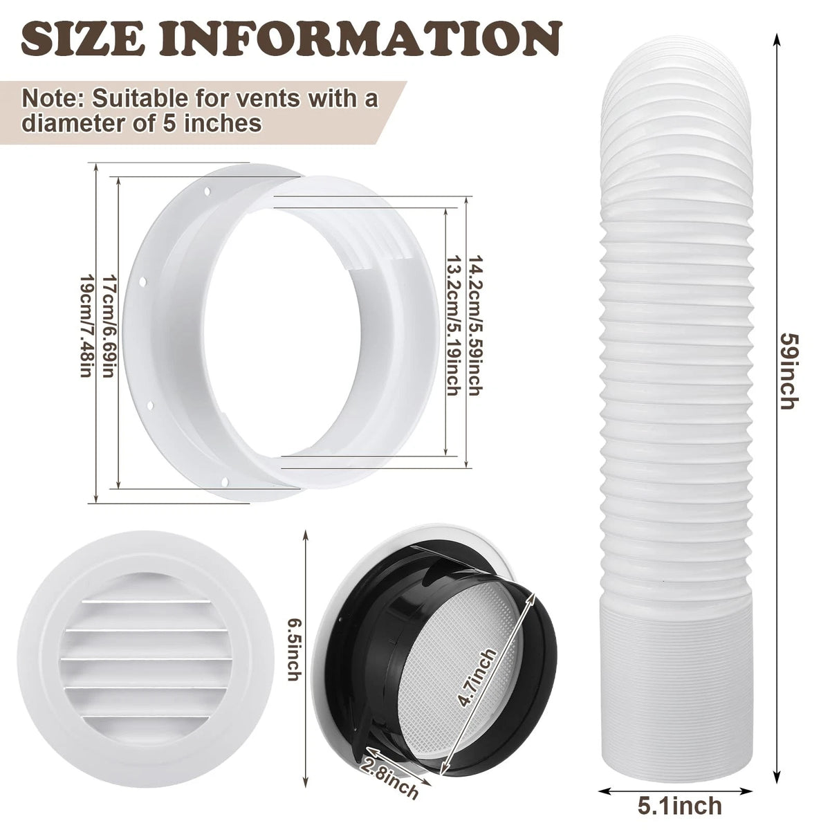 Maasechs Portable Ac Wall Mount Vent Kit 5 In&5.5 in Tubes 59 Inches, White