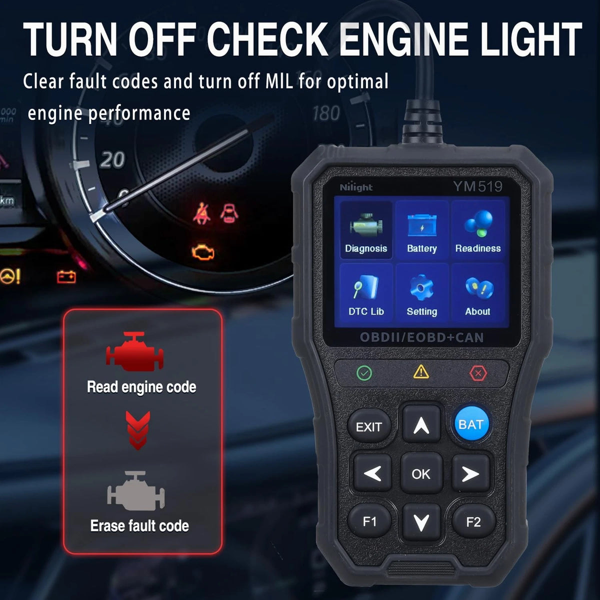 Nilight YM519 2.8” Large Screen OBD2 Scanner - Enhanced Automotive Computer B