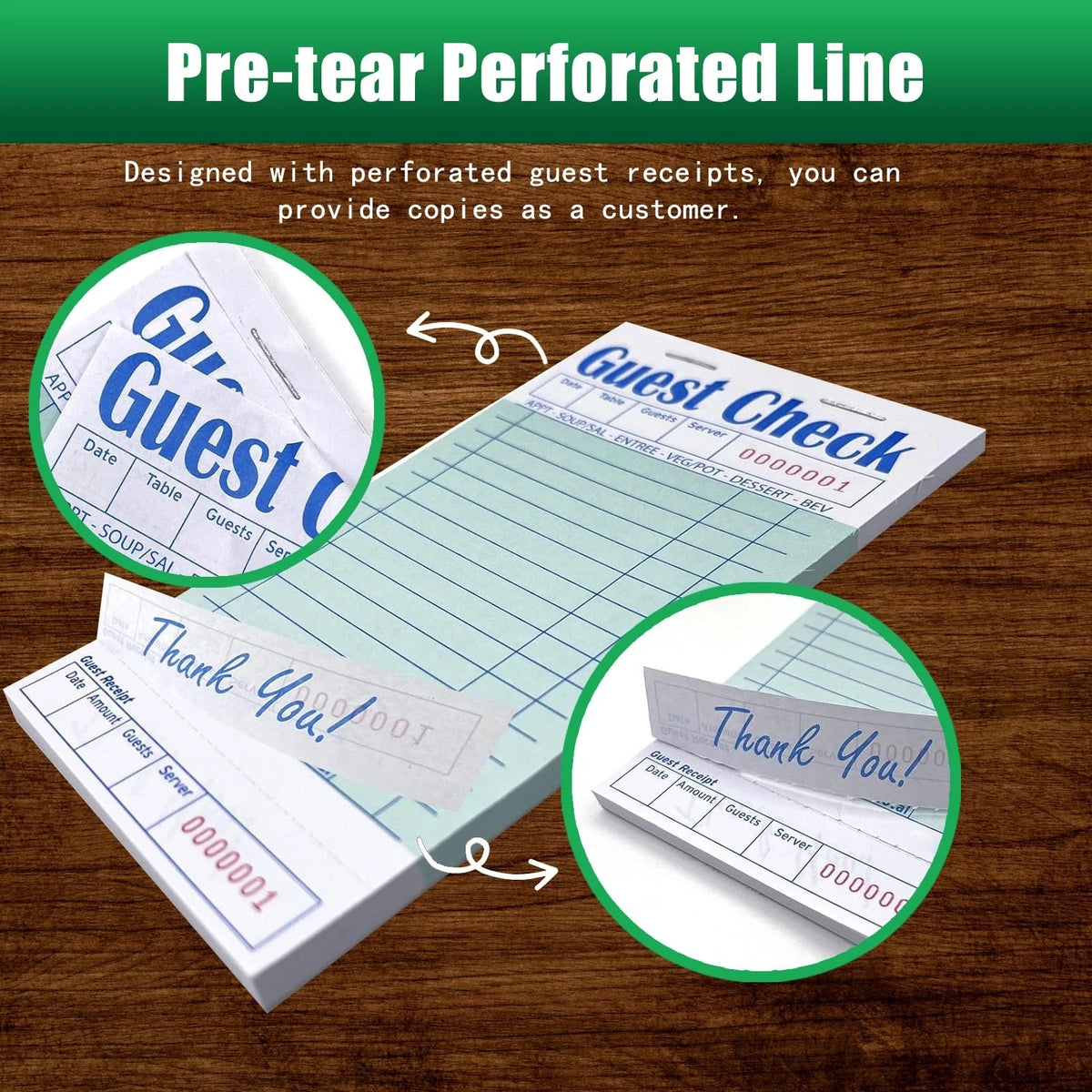 Guest Check Books 6 Pack, Checks for Servers, 6 Pack/300 Sheets, Green