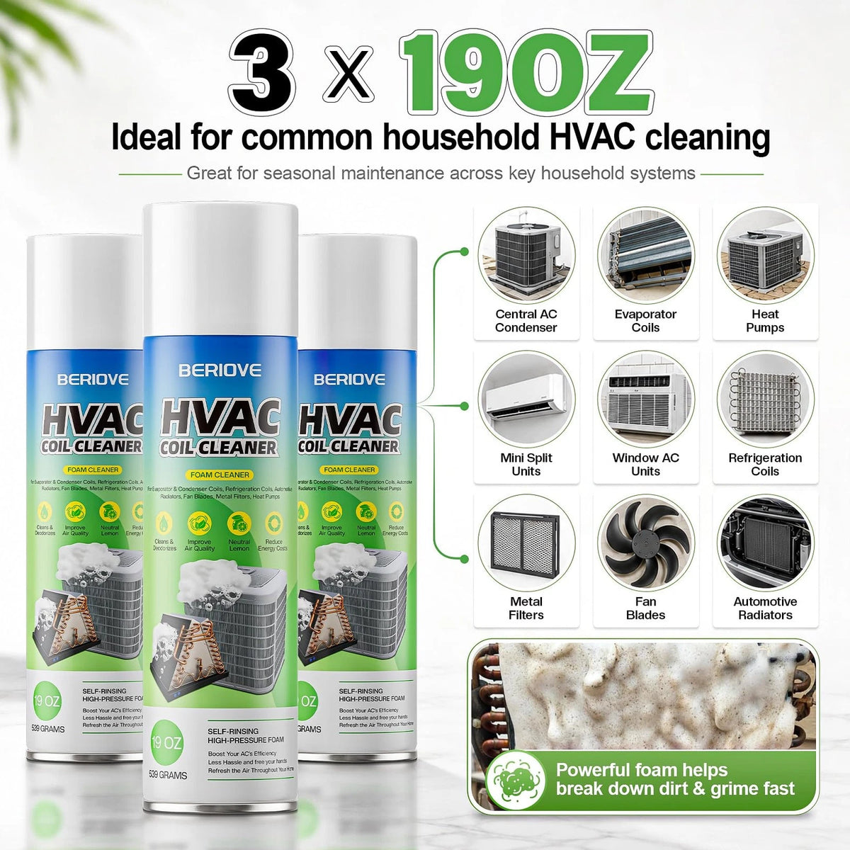 BERlOVE Foaming AC Coil Cleaner: 57oz for 19 Fl Oz (Pack of 3), White