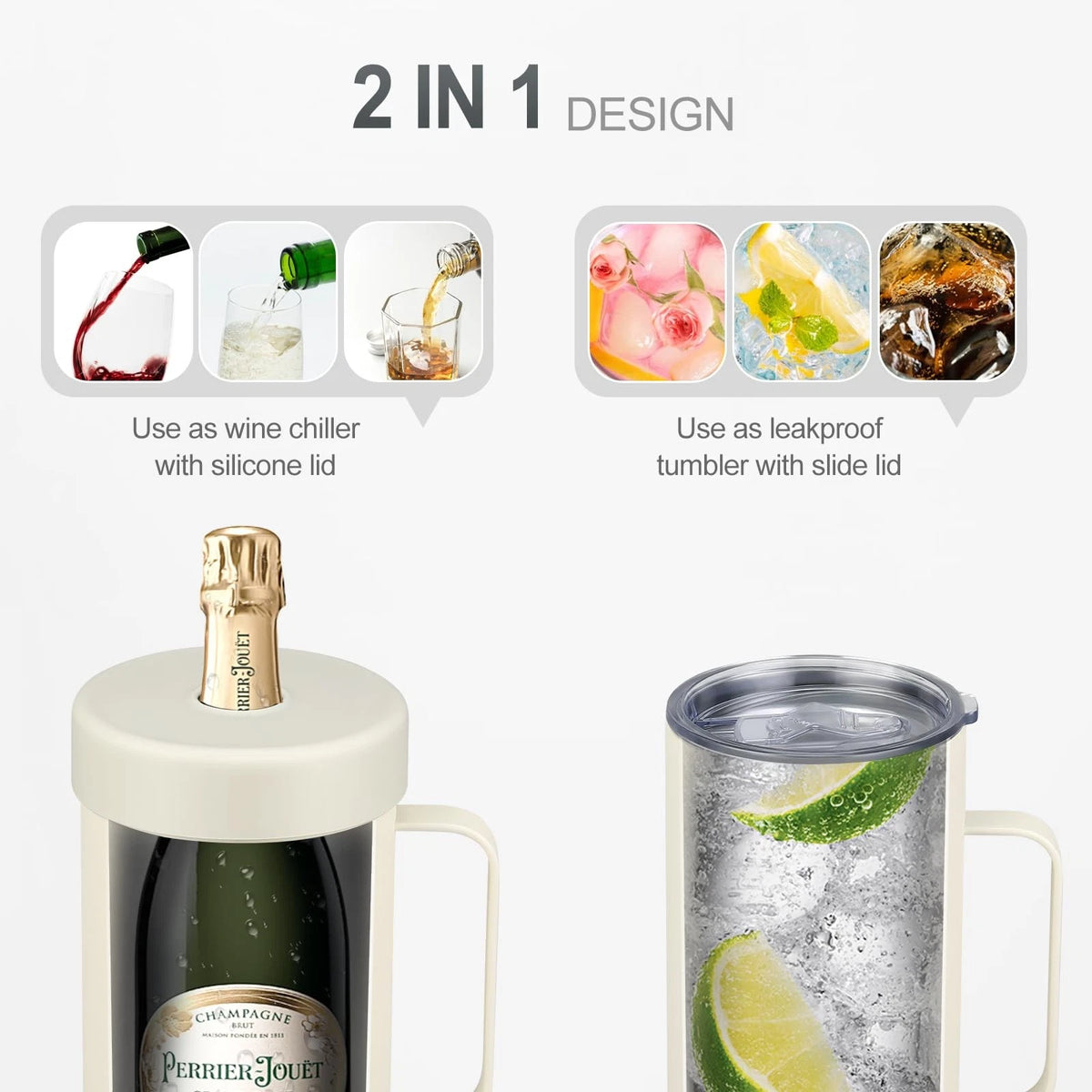 Wine Bottle Chiller with Handle | Portable Rapid Cooling 42 oz, 2-in-1 White