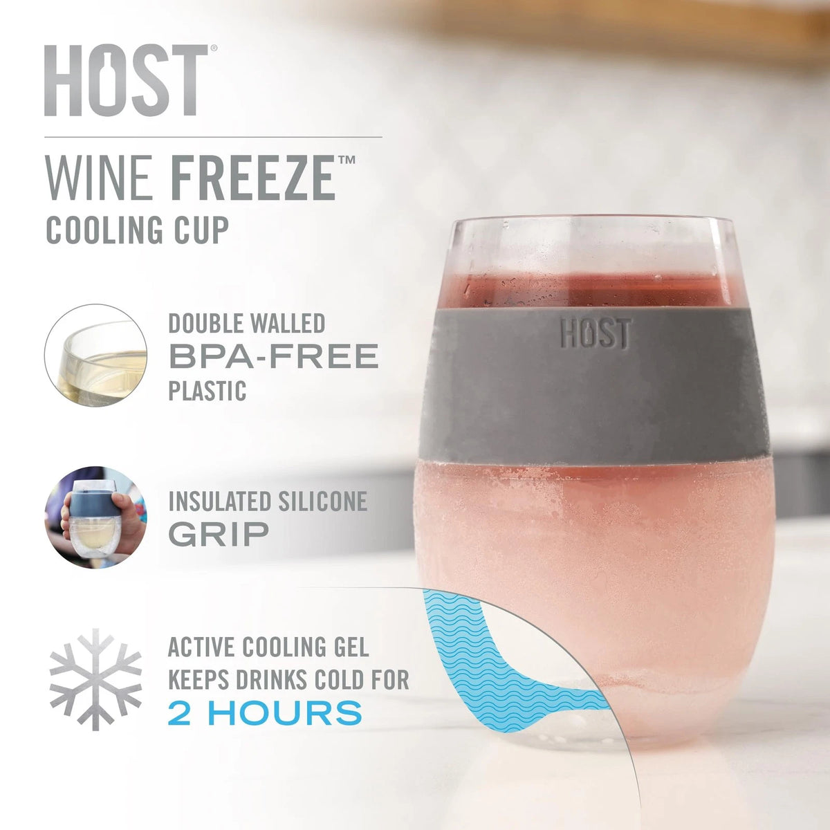 Host Wine Freeze Cup Set of 2 - Plastic Double Wall 8.5 Ounces, Gray Standard