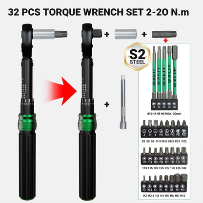 XLIT 1/4" Bike Torque Wrench Set, 35 PCS 35PCS (2-20 Nm), Black/Silver/Green