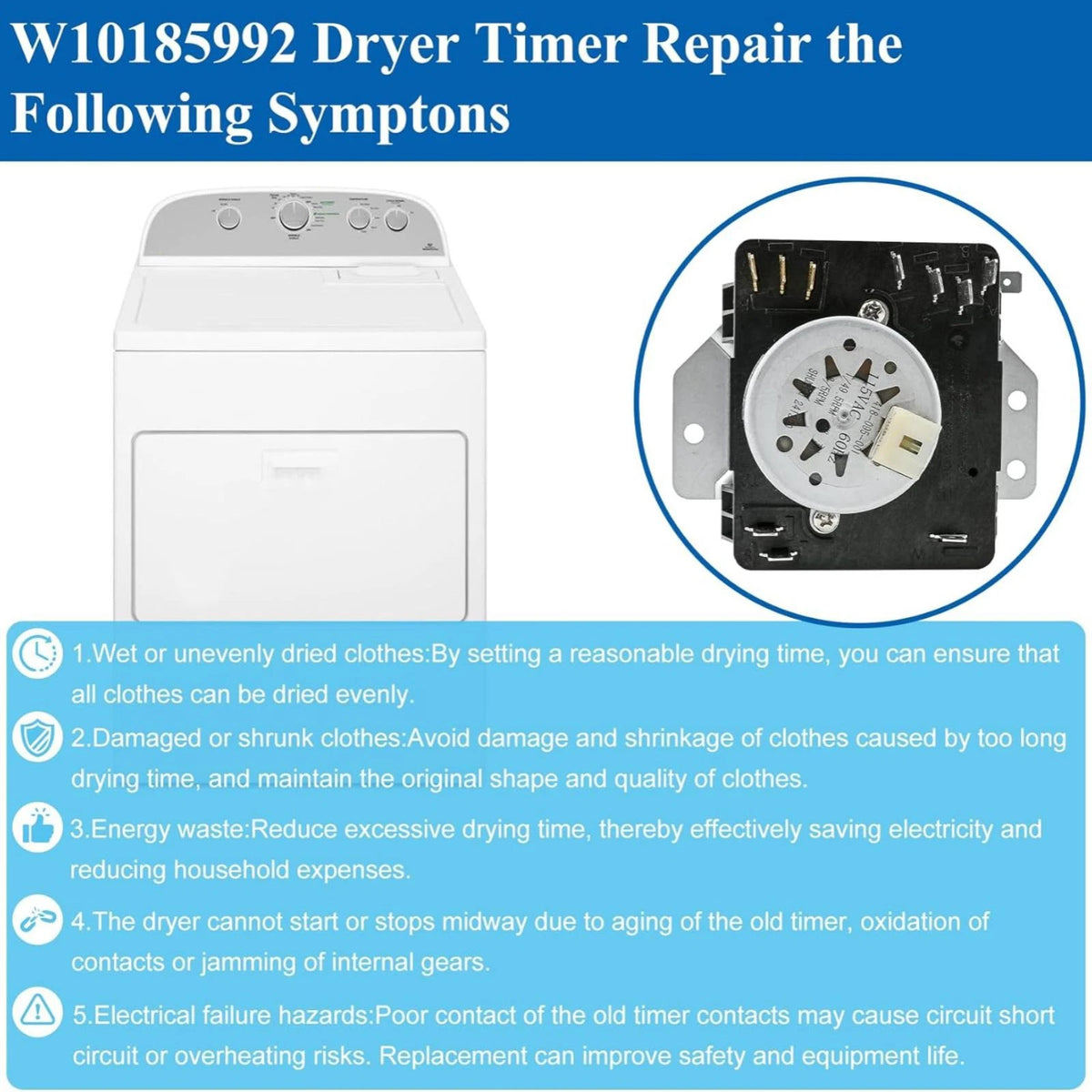 W10185992 Dryer Timer Easy Installation Fits 50+ Models Metal+Plastic