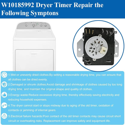 W10185992 Dryer Timer Easy Installation Fits 50+ Models Metal+Plastic