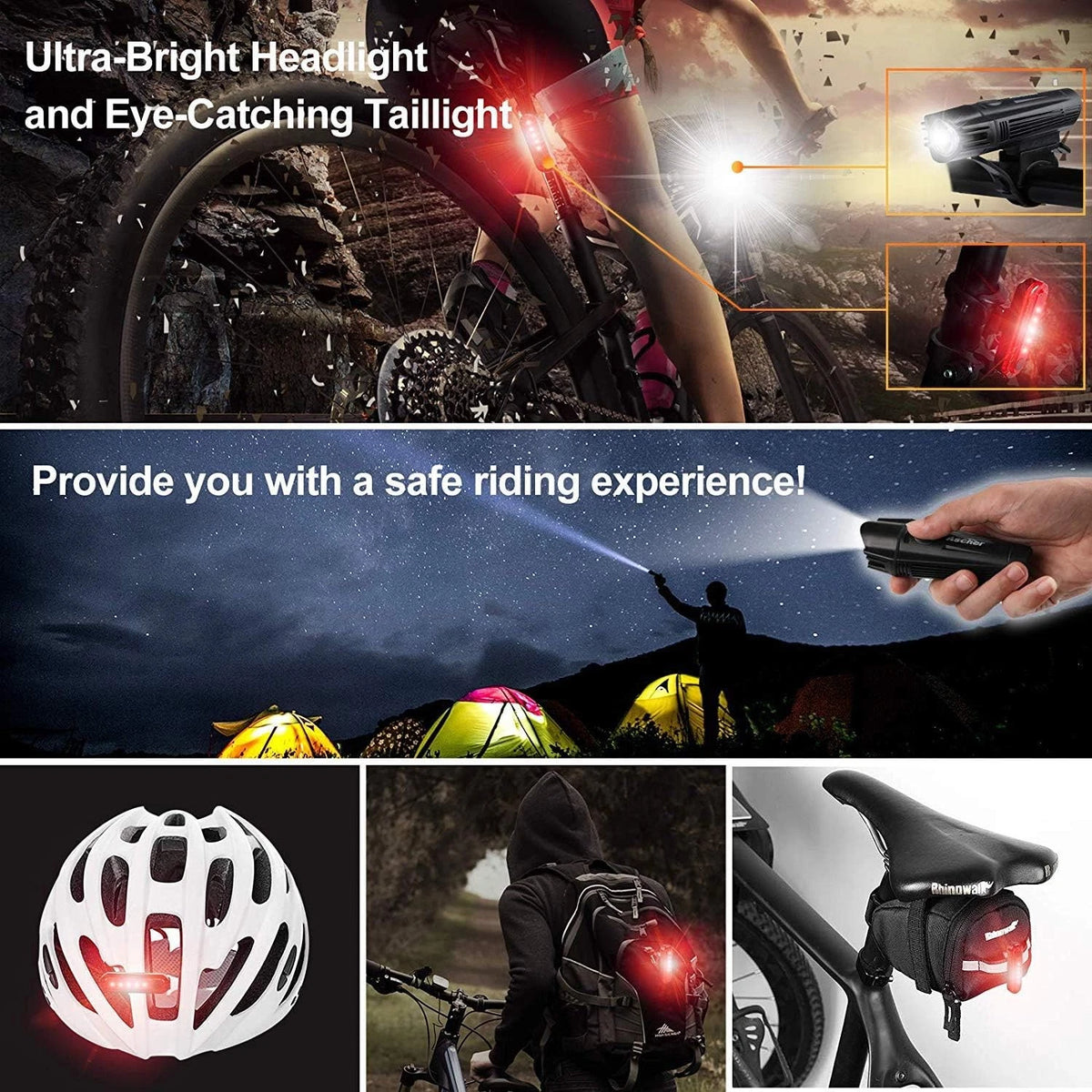 Ascher Ultra Bright USB Rechargeable Bike Light Set, Powerful Black,Red