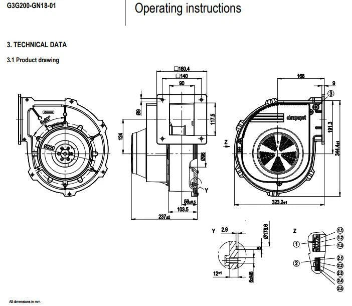 Ebmpapst G3G200-GN18-01 Centrifugal Blower AC 230V 750W 3.6A 750W Gas Boiler Fan