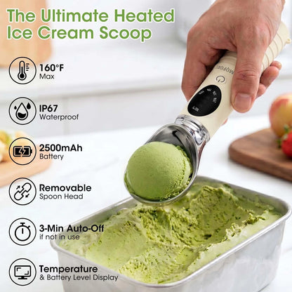 Heated Ice Cream Scoop with Removable Head – Dishwasher Safe 2oz, Beige