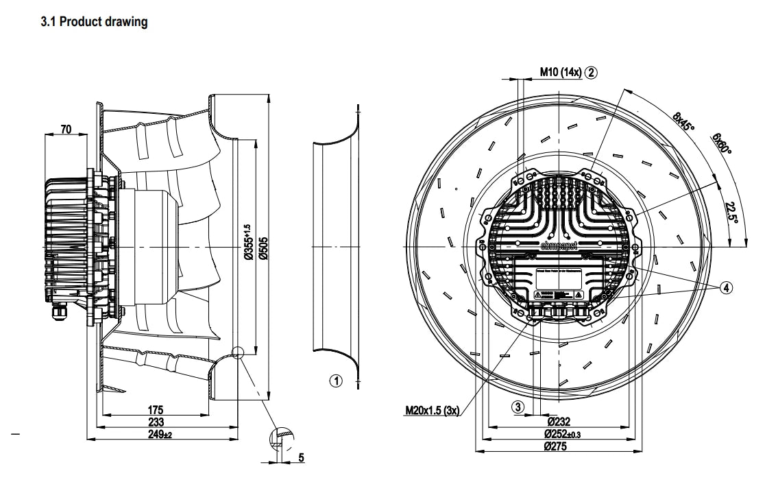R3G500-AG25-01 EC Centrifugal Fan 400VAC 3.9A IP54 2500W 1700RPM Ebmpapst Fan