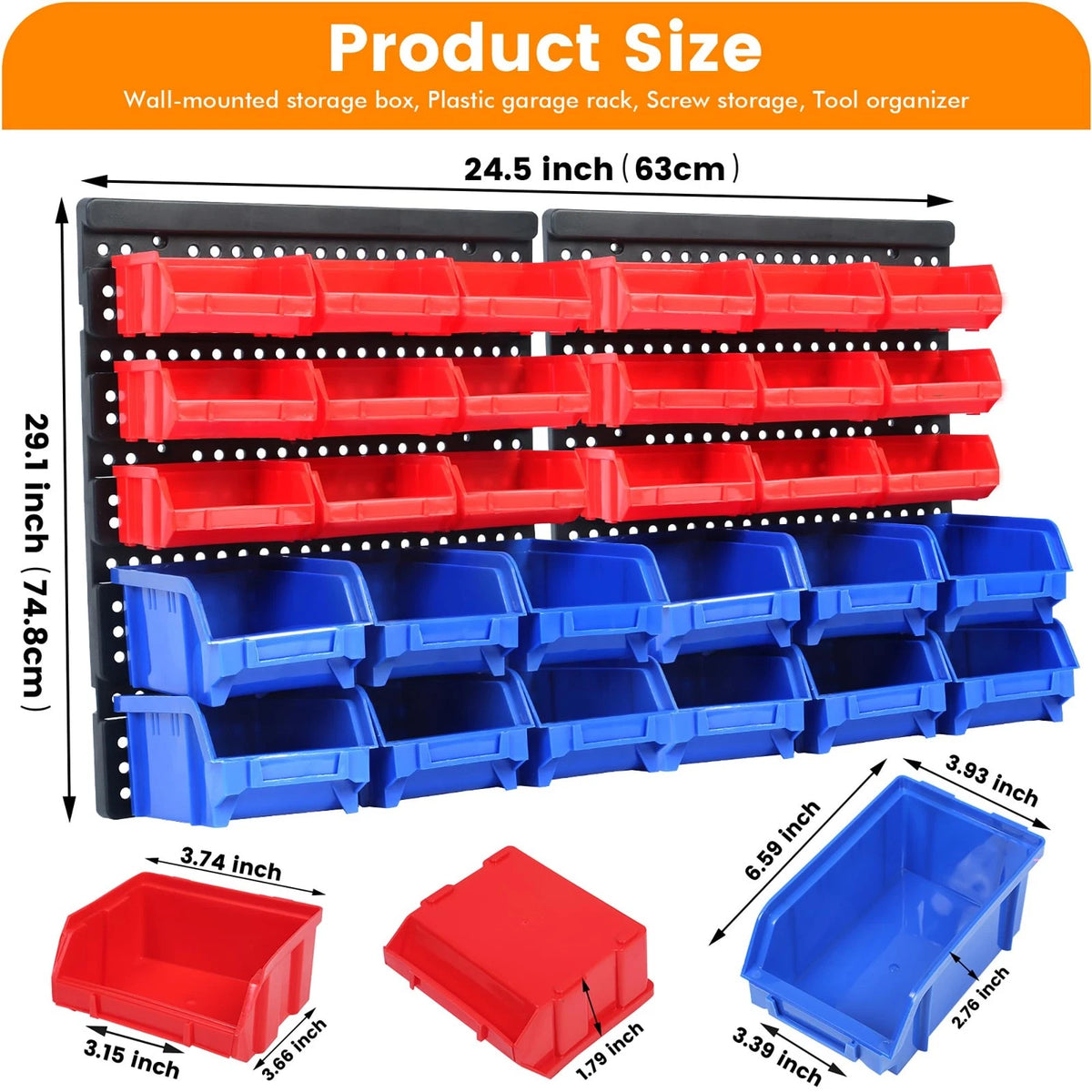 MaxWorks 80694 30-Bin Wall Mount Parts 30 Bin / Pack of 1, Blue and Red