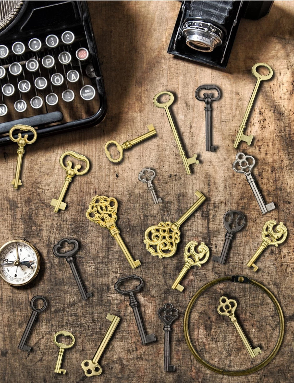 Skeleton Key, 20PCS Universal Hollow Barrel Antique Keys Gold, Black, Silver