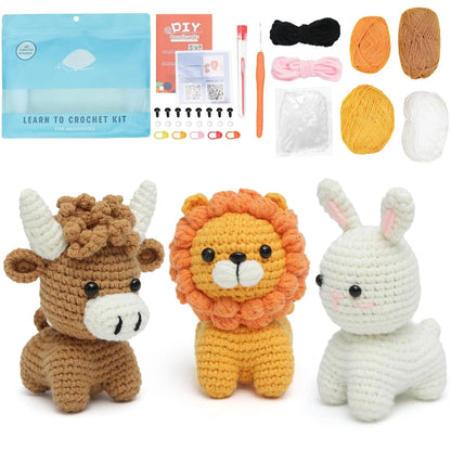 GONELYON Crochet Kit for Beginners, 3Pcs Amigurumi Lion, Bull, Rabbit