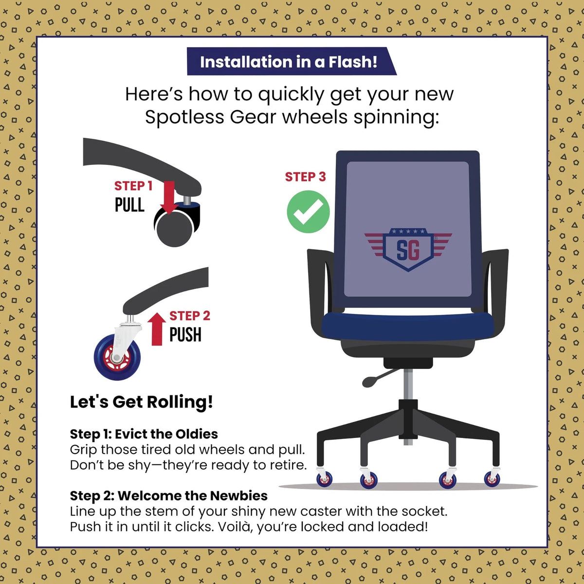SPOTLESS GEAR Roller Blade Office Chair Caster Blue/White/Red USA Edition