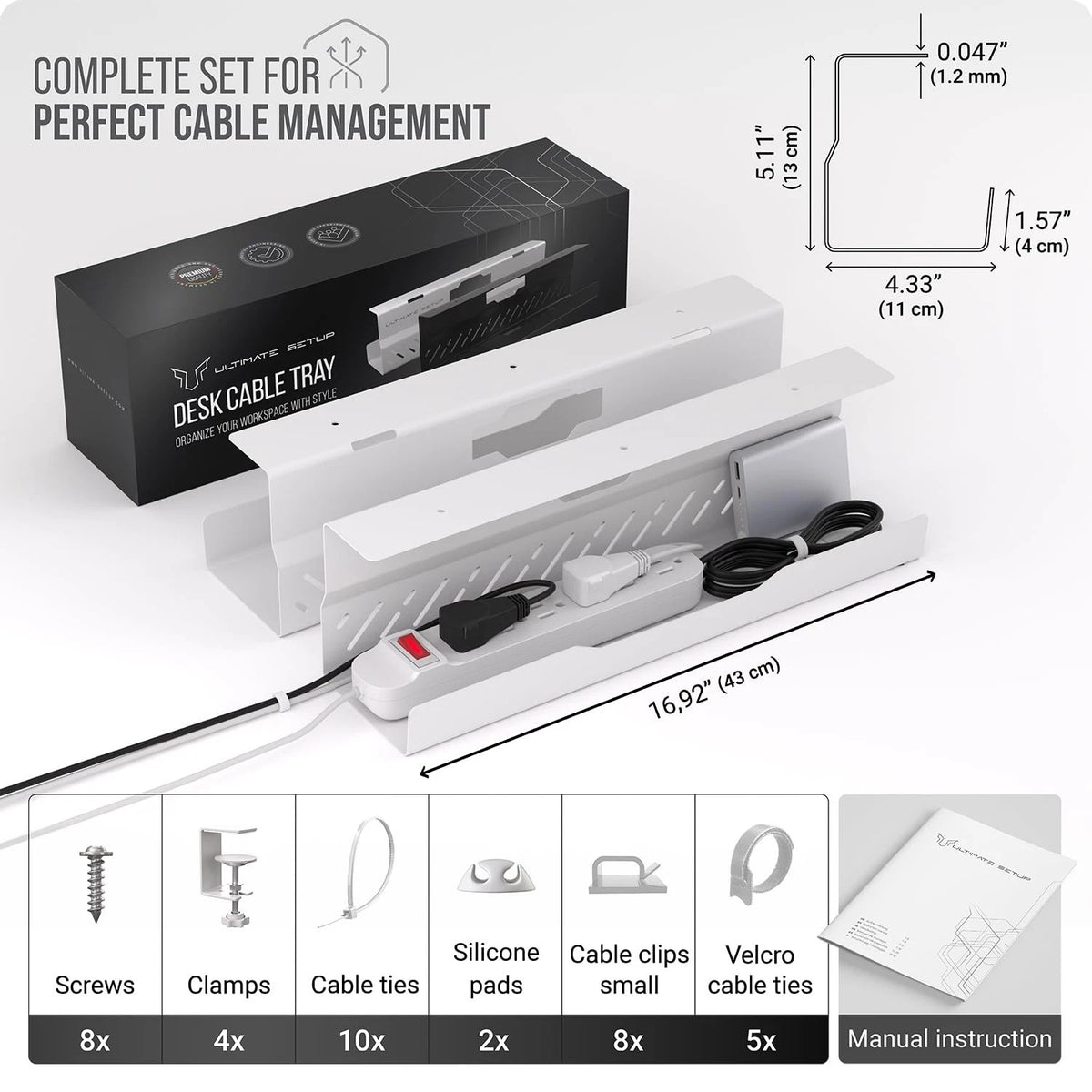 Under Desk Cable Management Tray no Drill – Wire 2 pieces set, White