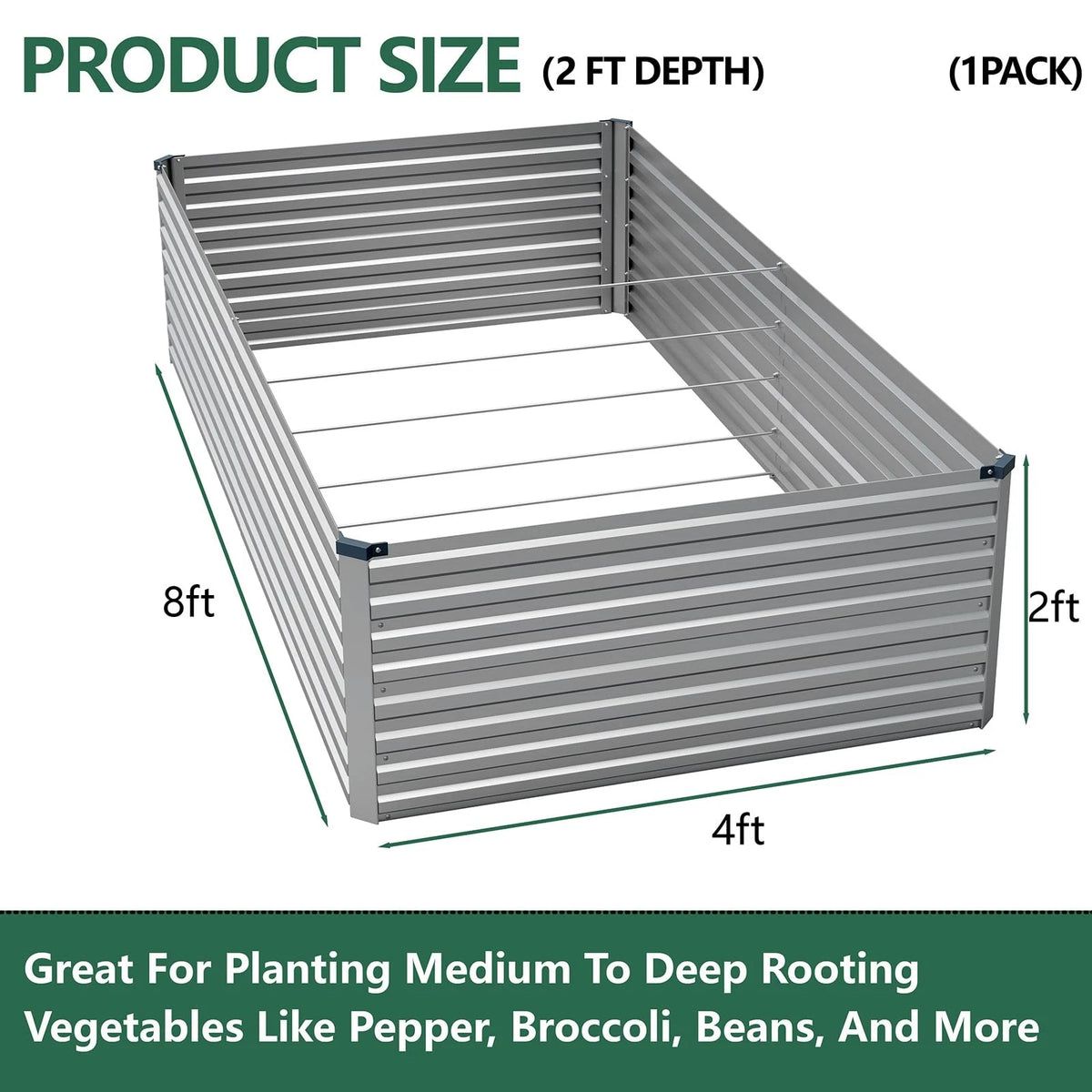 Vengarus 8x4x2ft Galvanized Raised Garden Bed,Metal 8x4x2 ft, Silver