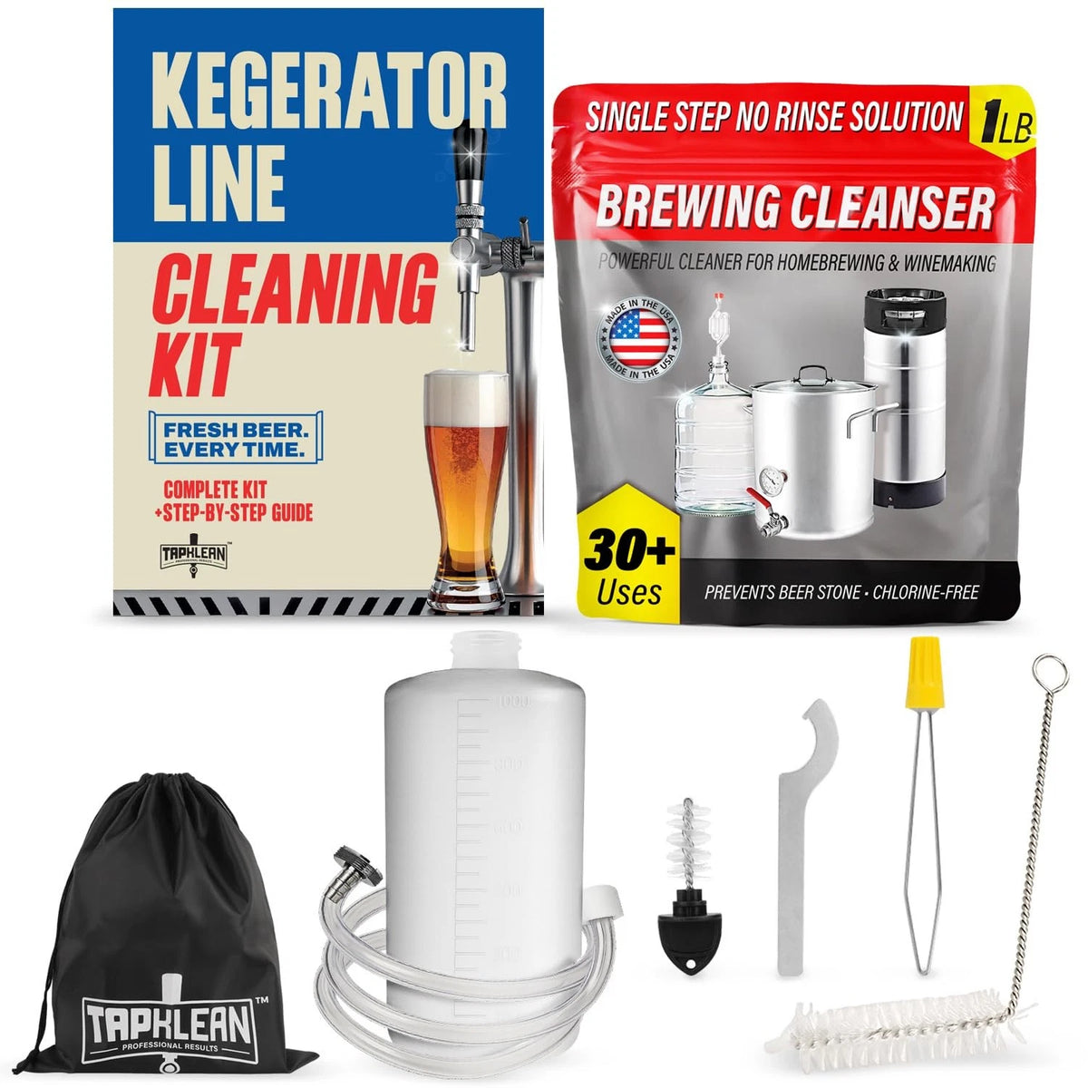 Kegerator Cleaning Kit with 1 LB Beer Line Cleaner Made in USA – 30+ White