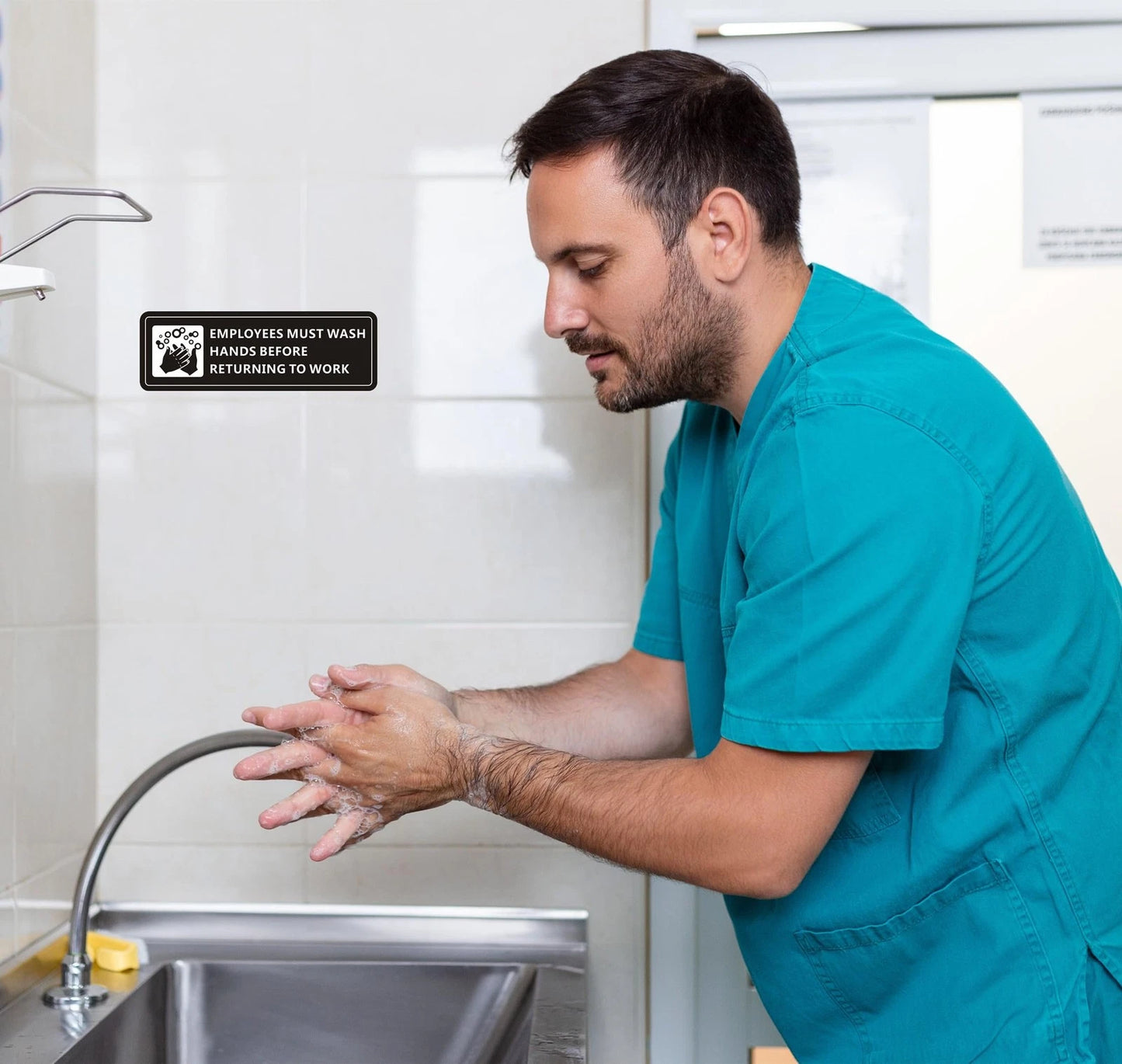 (4 Pack) Employees Must Wash Hands Sign, 7" x 2", 4 Pack (Black)