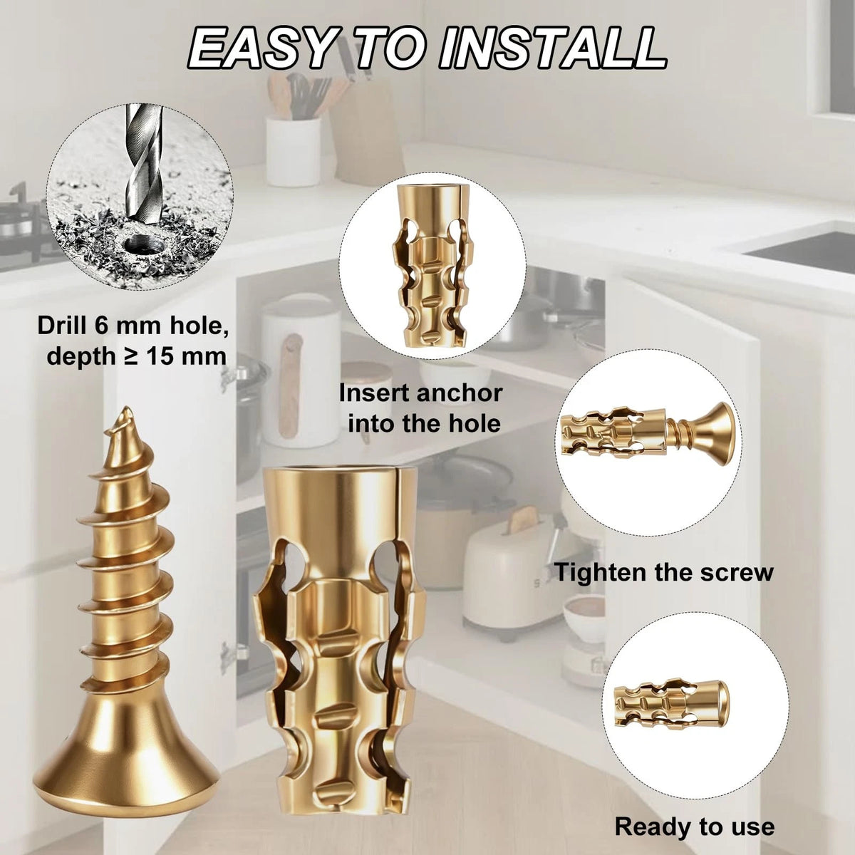 100Pcs Expansion Screws Hinge Repair Cabinet Stripped Kit for Door Gold