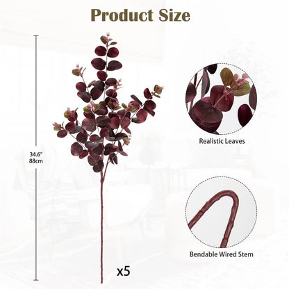 GnFlus 5 Pcs Artificial Eucalyptus Stems 30" Fake Silk Plants for Burgundy