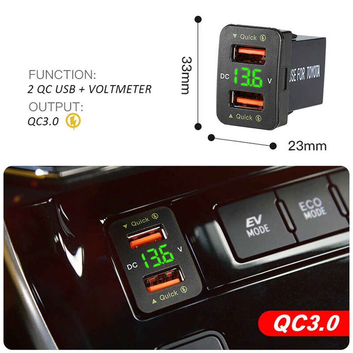 36W 2*USB Port QC3.0 Car Socket Fast Charger With Voltage Display For Toyota ee