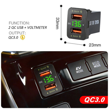 36W 2*USB Port QC3.0 Car Socket Fast Charger With Voltage Display For Toyota ee