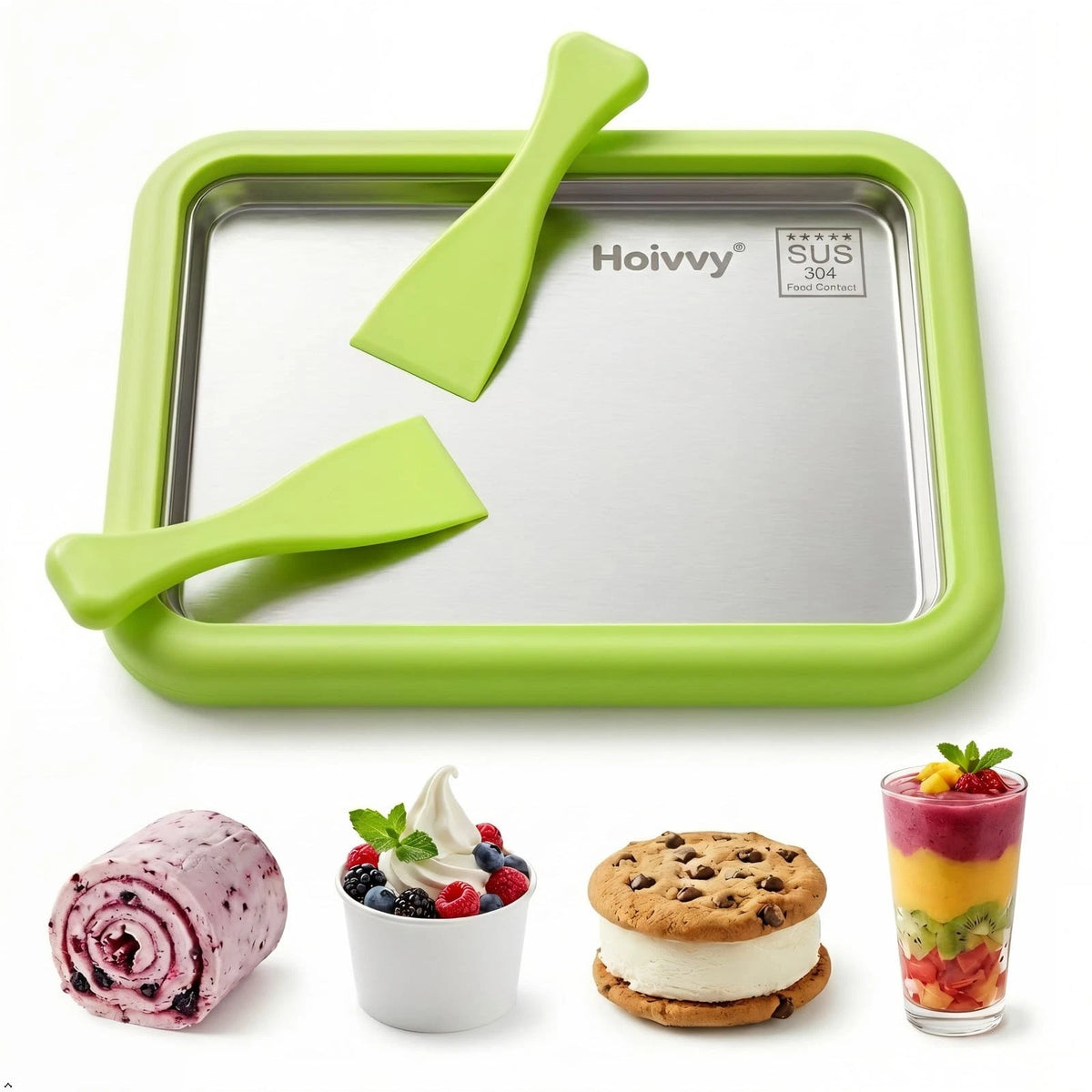 Hoivvy Rolled Ice Cream Maker – Large 10.2" Tray with 2 Large, Green
