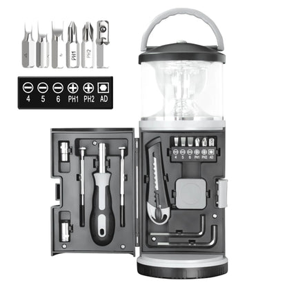 LED Camping Lantern with 15PCS Car Tool Kit, Survival Gear Hiking, Black