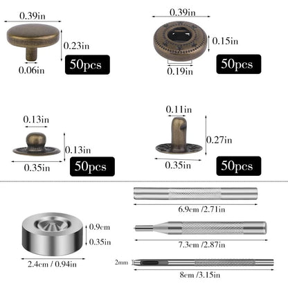 TLKKUE 50 Sets Leather Snap Fasteners Kit 10mm Bronze Metal